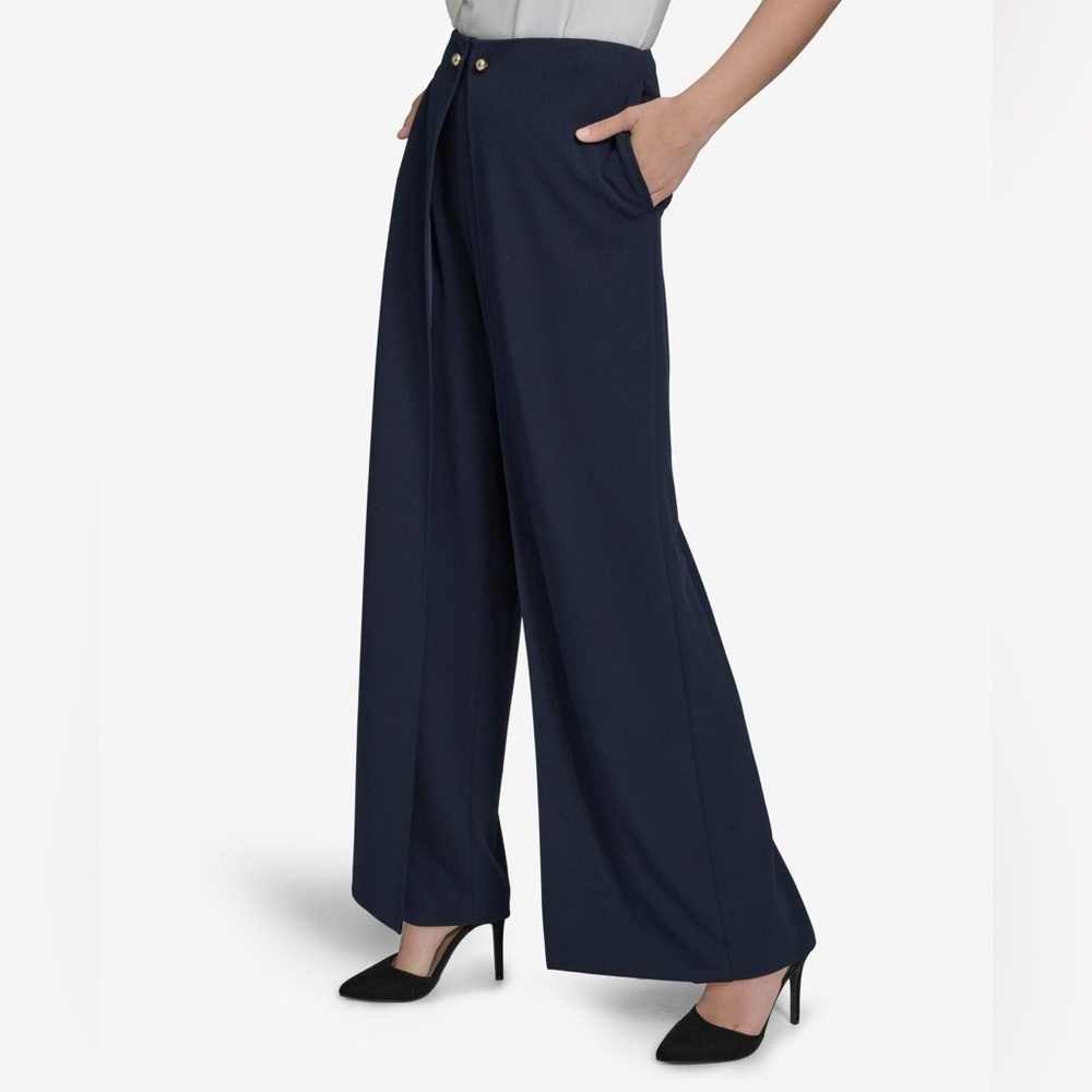 HALSTON Women’s Wide Leg Draped Pants Sz 8 – Wrap Hardware Detail – Flat Front ✨